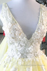 Yellow v neck tulle lace long Semi Formal Prom Dresses yellow formal Dresses